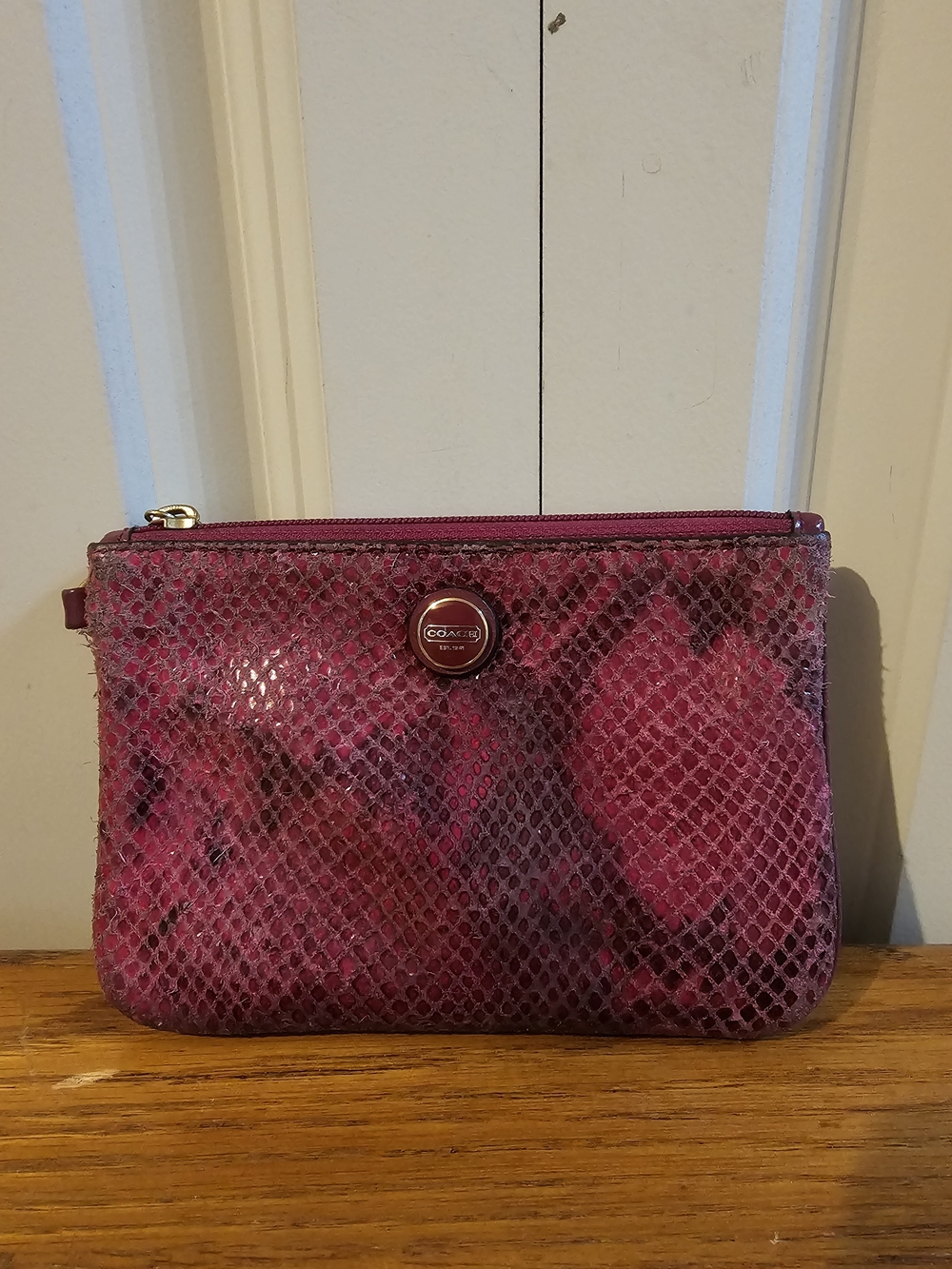 Coach Pink Snakeskin-Print Wristlet Pouch with Medallion